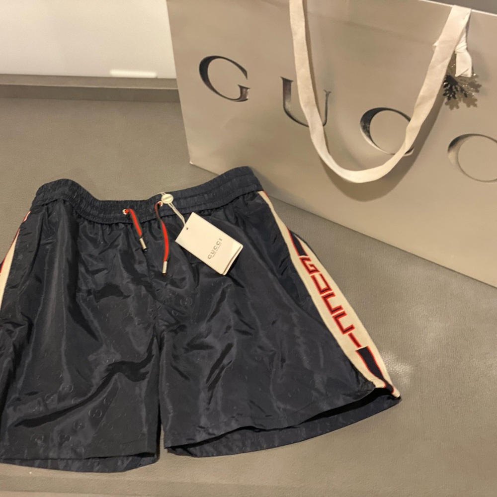 Gucci Dark Blue Swim Shorts with Red and Green Accents